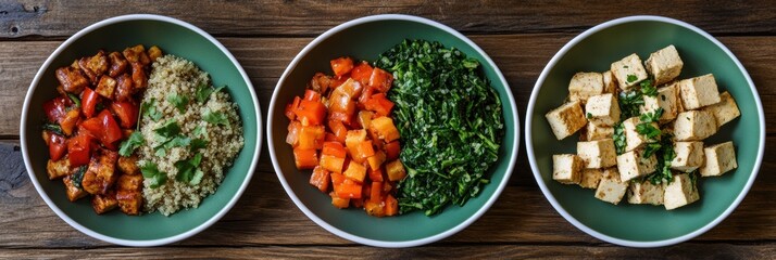 Aufkleber - Three plates feature vibrant plant-based dishes with quinoa salad, roasted vegetables, and tofu, perfect for a healthy meal. Generative AI