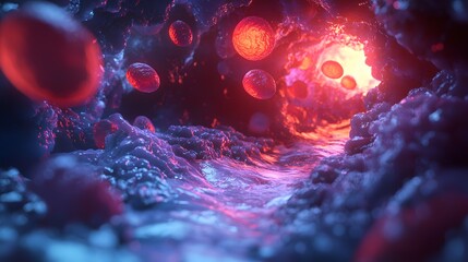 Poster - Exploring microscopic energy flow cellular environment 3d visualization abstract concept close-up view science