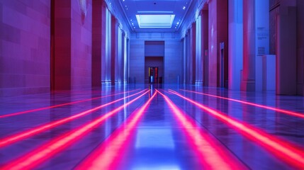 Poster - Red laser security beams fill the hallway of a museum, enhancing the atmosphere while preparing for a special evening exhibit. Generative AI