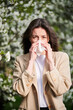 © anatoliy_gleb - Woman allergic suffering from seasonal allergy at spring in blossoming garden at springtime. Young woman sneezing and blowing nose with nasal handkerchief in front of blooming tree. Allergy concept.