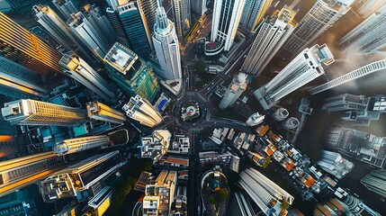 Canvas Print - Aerial view of a bustling urban landscape with skyscrapers and circular roadways.