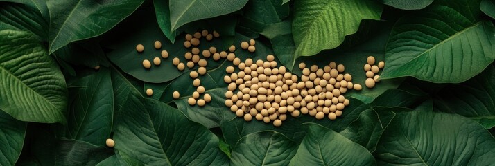 Poster - A cluster of soybeans rests atop large green tropical leaves, highlighting the beauty and abundance of natural produce in a serene environment. Generative AI
