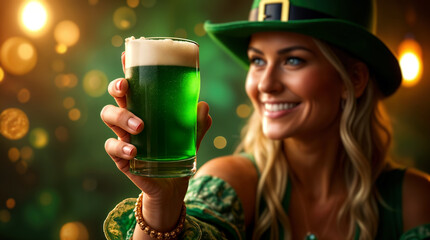 Smiling woman wearing green leprechaun hat showing glass of green beer for saint patrick's day