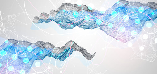 Leinwandbilder - Abstract frame wave with colored spots on it and curved lines. Plexus effect. Hand drawn vector.