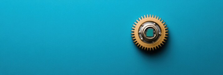 Fototapete - A close-up view showcases a gear with a microprocessor at its center, highlighting their connection and design on a blue background. Generative AI
