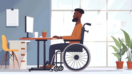 Canvas Print - A man in a wheelchair working at a desk with a computer in a bright, modern office space.