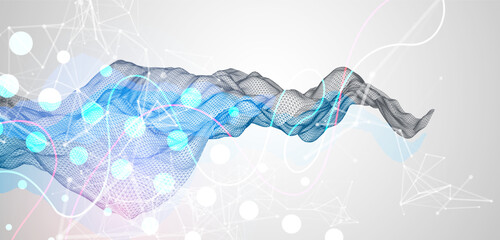Leinwandbilder - Abstract frame wave with colored spots on it and curved lines. Plexus effect. Hand drawn vector.