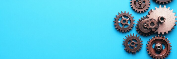 Fototapete - Gears and a microprocessor are arranged on a vibrant blue surface, illustrating a blend of mechanical engineering and technology. Generative AI