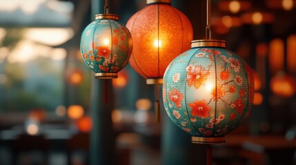 Poster - Fusion of Eastern and Western styles, combining Chinese lanterns with modern abstract patterns