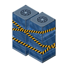 Poster - isometric server maintenance. server racks with warning tape. isometric server under repair. vector 