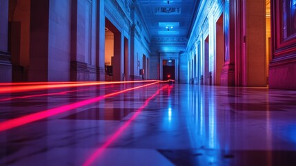 Poster - Red laser beams create an intricate pattern along the floor of a corridor in a modern building during the night. Generative AI
