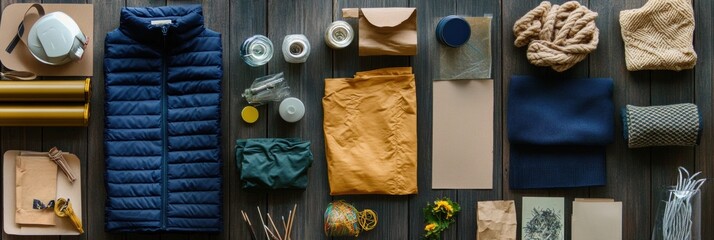 Fototapete - Various recycled and upcycled materials are neatly organized on a wooden surface, showcasing the potential for creative reuse. Generative AI