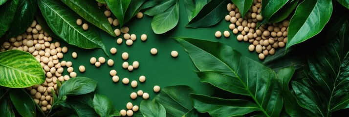 Poster - Soybeans are scattered across a vibrant green surface, complemented by an array of lush tropical leaves in a lively atmosphere. Generative AI