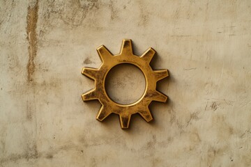 Aufkleber - A metallic gold gear symbol is affixed to a rough, textured wall, highlighting a blend of industrial art and minimalism in daylight. Generative AI