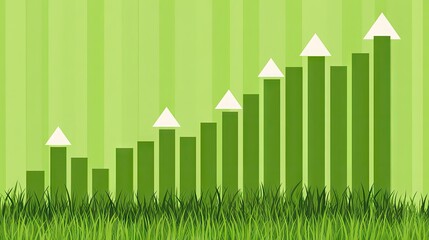 Poster - Green Growth Concept with Bar Graph and Arrows Indicating Positive Trend in Business Performance Over a Fresh Grass Background
