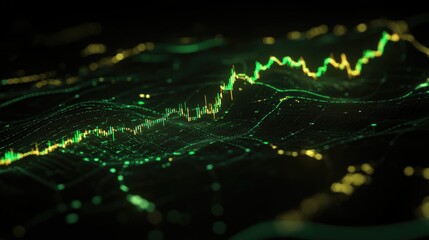 Poster - Abstract Digital Financial Data Visualization with a Green Color Palette Showing Trend Lines and Market Fluctuations in a Futuristic Style