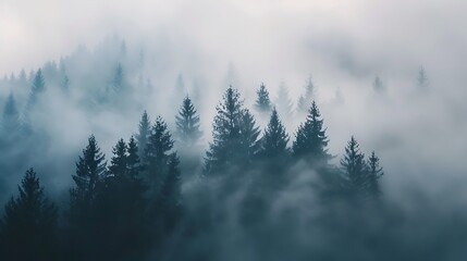 Canvas Print - A misty forest landscape with tall trees shrouded in fog, creating a mysterious and serene atmosphere.