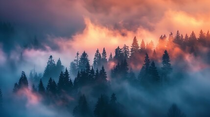 Canvas Print - A serene forest landscape shrouded in mist, illuminated by a warm sunset glow.