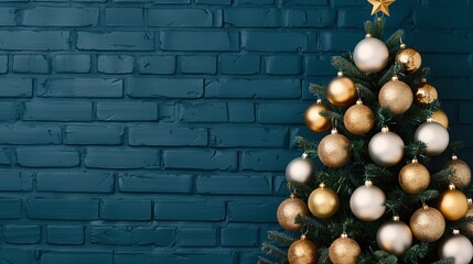 Wall Mural - festive christmas tree against a dark teal brick wall.