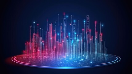 Poster - Abstract Digital Landscape with Glowing Data Bars in Red and Blue Colors Representing Technology, Innovation, and Information in a Futuristic Environment