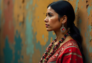 Wall Mural - Abstract portrait of Native American woman in ethnic clothes