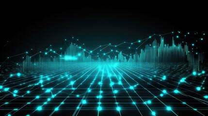 Poster - Futuristic Digital Landscape with Luminous Grid and Data Visualization in Neon Tones Representing Technology, Innovation, and Connectivity in Cyber Space