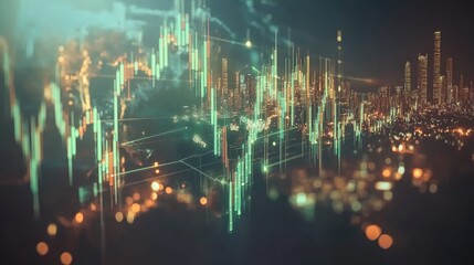 Poster - Abstract depiction of a financial growth concept with vibrant graphs, modern city background, and dynamic data visualization representing financial trends and market analysis
