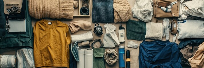Aufkleber - A collection of recycled clothing and materials is neatly arranged on a surface, showcasing various textures, colors, and crafting supplies. Generative AI