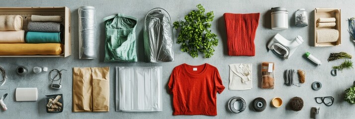 Aufkleber - A vibrant assortment of recycled and upcycled items arranged neatly on a table, featuring textiles, containers, and natural elements. Generative AI