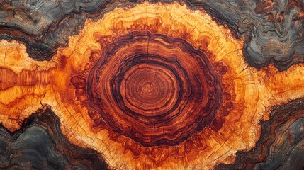 Poster - Close-up of a Tree Trunk's Cross-Section with Intricate Grain Patterns and Rich Color Variations