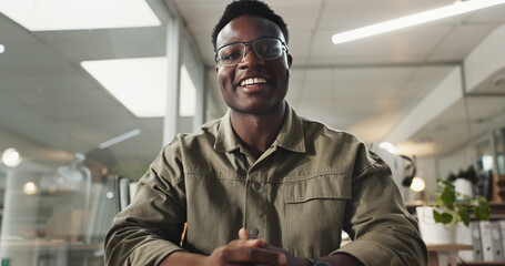 Poster - Talking, video call and portrait of business black man in office for virtual consultant, financial advisor or broker. Online meeting, webinar and conference with person at night for communication pov
