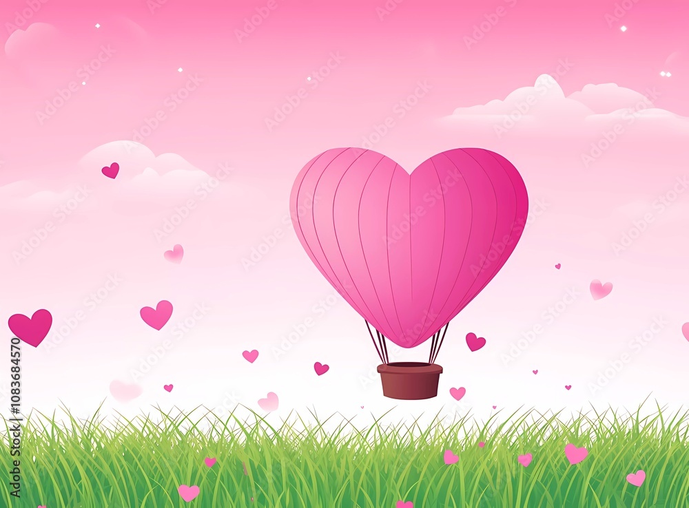 Paper art-style depiction of a heart-shaped hot air balloon flying in ...