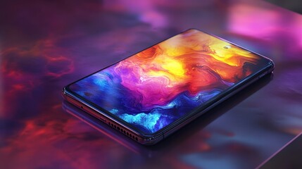Poster - a sleek new smartphone lies on a table, its screen glowing with vibrant colors. with its high-defini