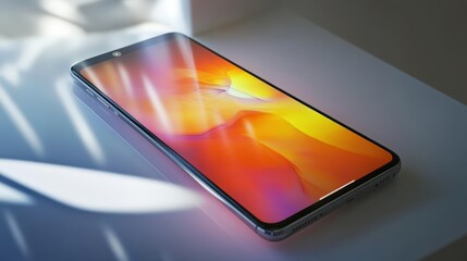 Poster - a sleek new smartphone lies on a table, its screen glowing with vibrant colors. with its high-defini