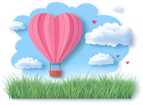 Paper art-style illustration of a hot air balloon flying in the sky with a heart shape, cloud, and grass field background for a Happy Valentine's Day celebration.