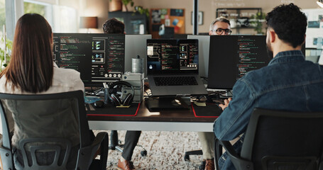 Fototapete - Developer, people and computer with screen in coworking office for web application testing and troubleshooting. Programming, employees and working on developing software solutions at small business