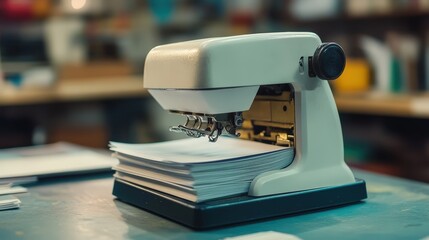 Poster - A stapler clicks as it binds a few sheets of paper together. Its smooth and consistent mechanism makes it one of the most reliable tools