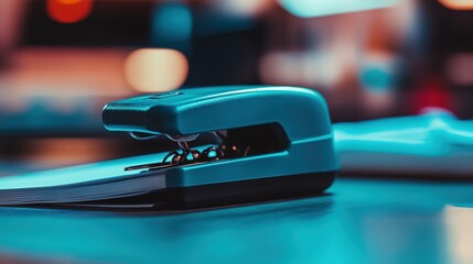 Poster - A stapler clicks as it binds a few sheets of paper together. Its smooth and consistent mechanism makes it one of the most reliable tools
