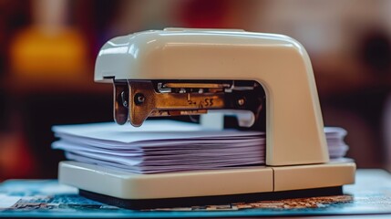 Poster - A stapler clicks as it binds a few sheets of paper together. Its smooth and consistent mechanism makes it one of the most reliable tools