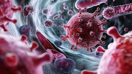 Poster - A close up of a virus with many red and pink particles surrounding it