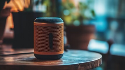 Aufkleber - A well-designed portable speaker rests on a table, ready to fill the room with music. This product is known for its deep bass,
