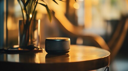 Aufkleber - A well-designed portable speaker rests on a table, ready to fill the room with music. This product is known for its deep bass,