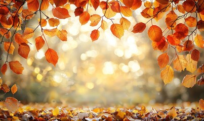 Poster - Golden Autumn Leaves with a Blurred Forest Background