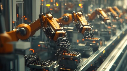 Poster - Industrial robots working in unison on a factory line, building intricate parts with precision, representing advancements in industrial automation