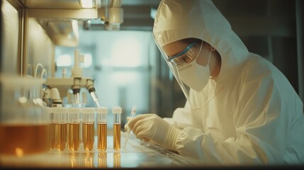 Poster - Medical scientist working with test tubes and samples under a fume hood, focusing on research for new treatments and cures