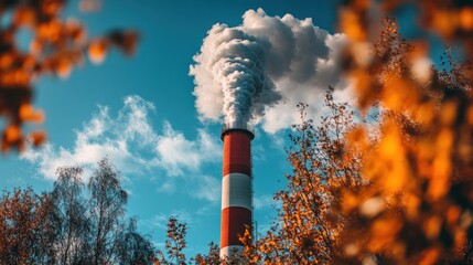 Poster - Industrial Smoke Stack Against a Blue Sky with Autumnal Trees in the Foreground