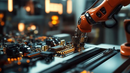 Poster - Robotic arm assembling electronic components on a conveyor belt, showing the role of automation in the manufacturing of electronics
