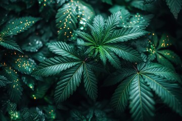 Poster - Close-up of Lush Green Cannabis Leaves with Golden Lights