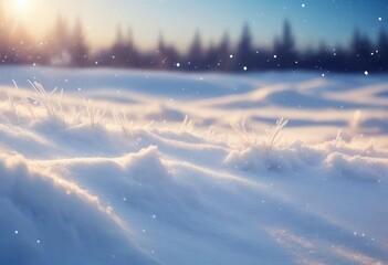 Wall Mural - Winter snow background with snowdrifts, with beautiful light and snow flakes on the blue sky in the evening, banner format, copy space - generative ai