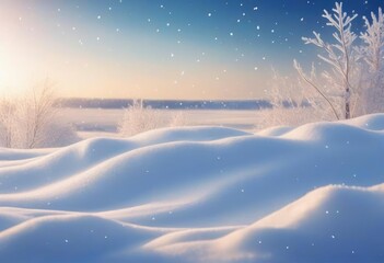 Wall Mural - Winter snow background with snowdrifts, with beautiful light and snow flakes on the blue sky in the evening, banner format, copy space - generative ai